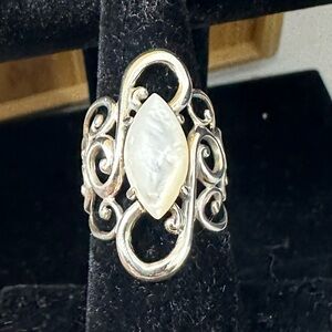 CAROLYN POLLACK Sterling Silver White Moonstone Cabochon Swirl Scroll Ring; SZ 7